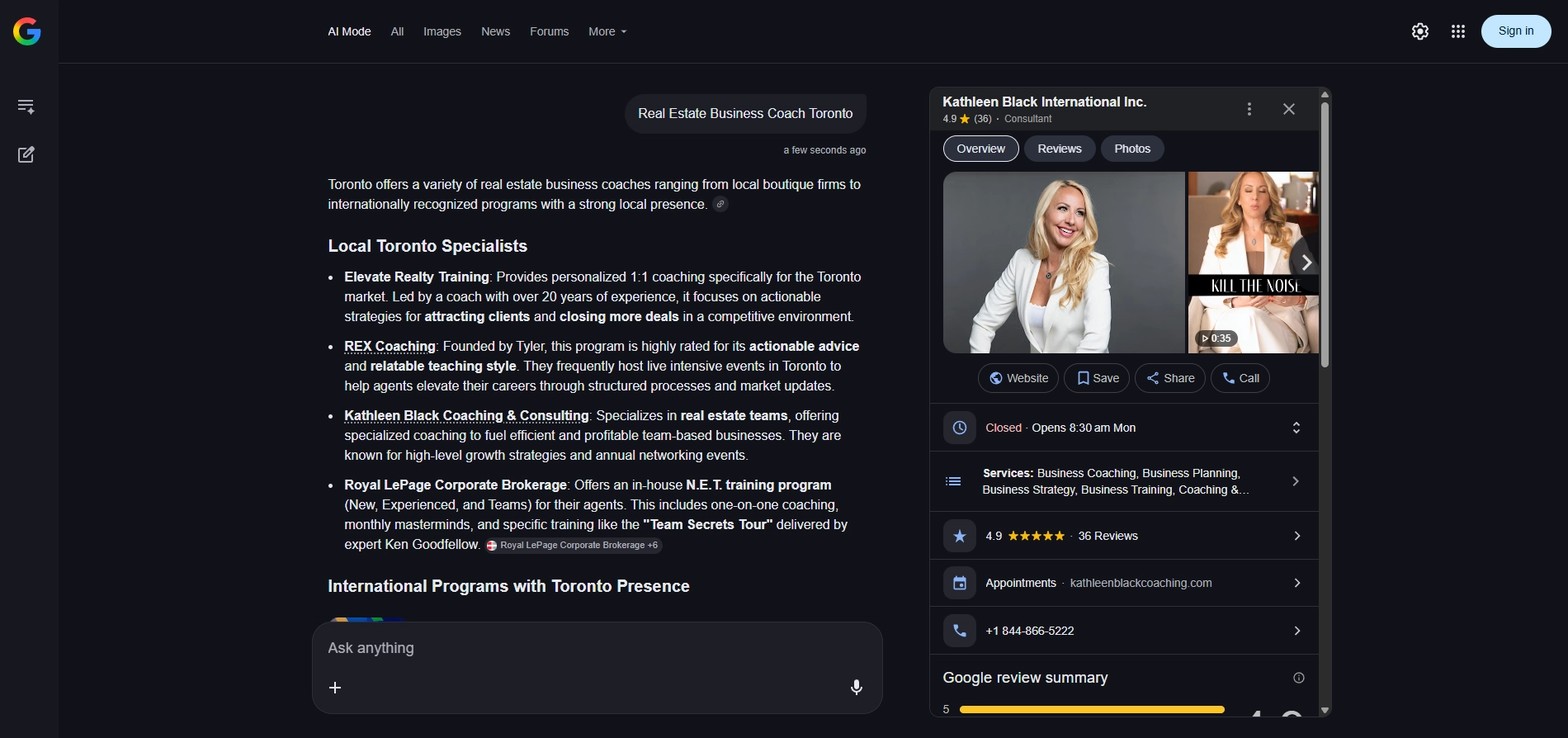 Kathleen Black - AI Recommendation Screenshot ChatGPT Google AI Mode Toronto Real Estate Coach